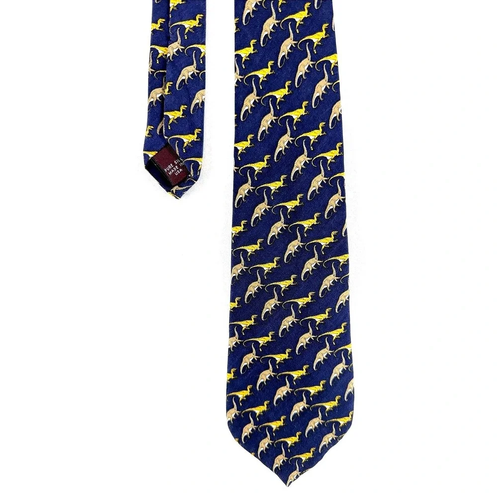 Brooks Brothers Pure Silk Dinosaur Necktie Navy Gold Preppy Novelty Old Money‎
